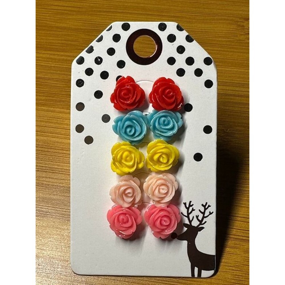 Rose Flower Rhinestone Stud Earrings Set of 5 Pairs Multicolor NWT New Gift